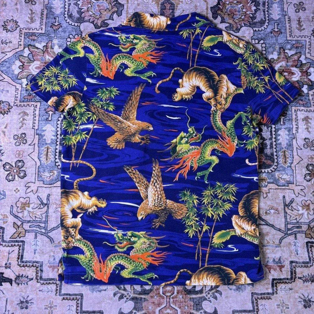 Polo Ralph Lauren Mens Blue Tiger Dragon Eagle Japanese Print Shirt Medium 2014